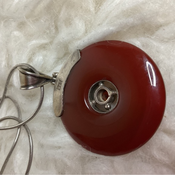 Sterling Silver Carnelian Donut Pendant Necklace Red Stone - Picture 9 of 9